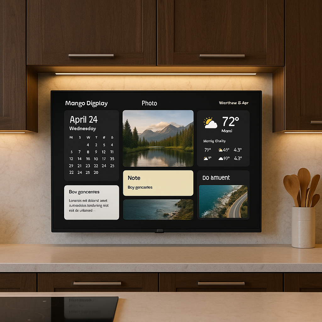 A display showing a calender, a to-do list and pictures that are organized.