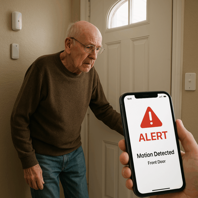 A man with alzheimers is at the front door, trying to open it. An alert was sent to the caregivers phone.