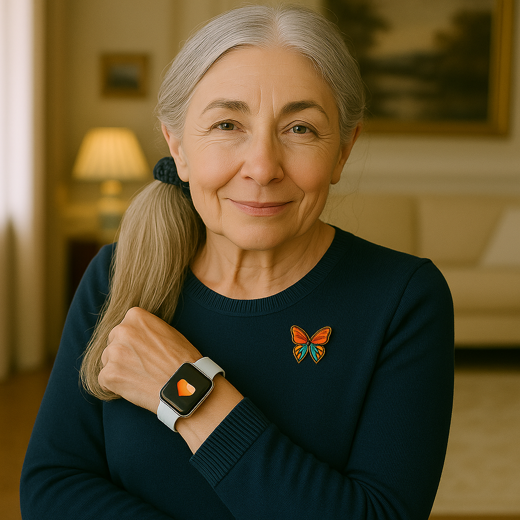A beautiful woman with silver hear displaying a smartwatch, a butterfly broach and a scrunchy.