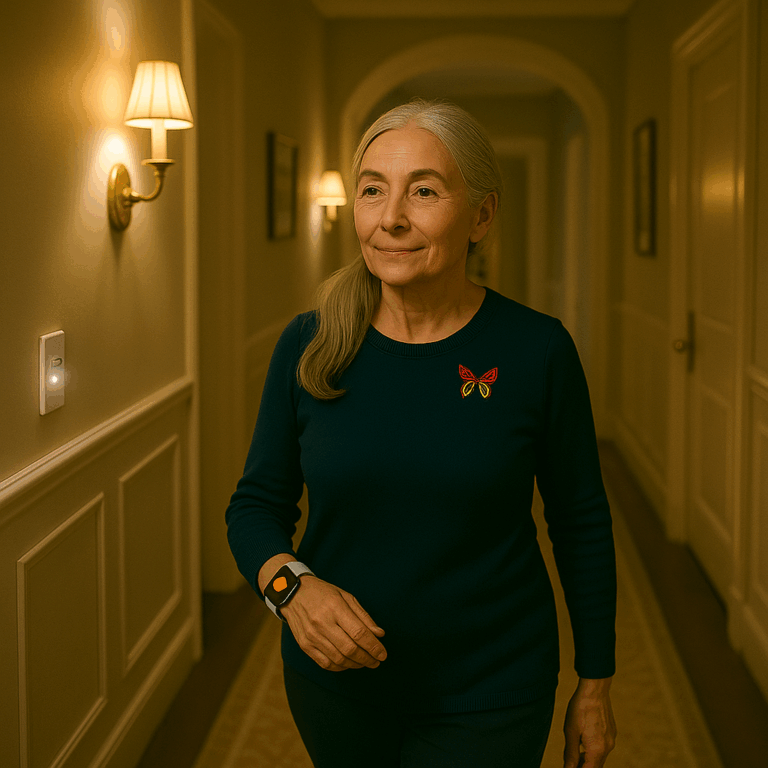 A woman walking down the hallway, and a sensor is illuminating the way.